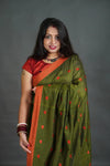 Women's Olive Green Khadi Cotton Saree with Orange Border