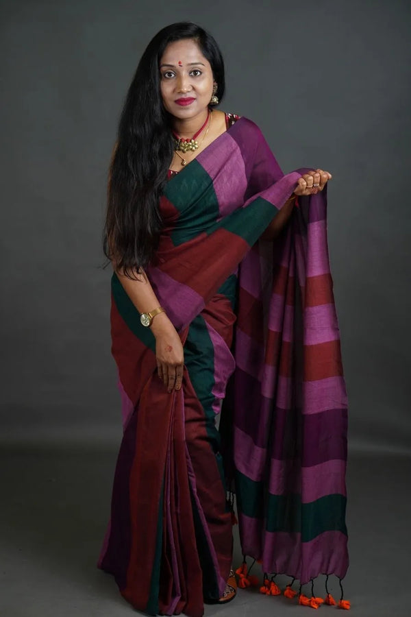 Teal Green Purple Maroon Khadi Cotton Saree