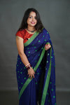 Women's Royal Blue Khadi Cotton Saree with Green Border
