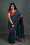 Women's Teal Blue Khadi Cotton Saree with Pink Border