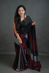Black Maroon Grey Khadi Cotton Saree with Contrast Colour Blocks