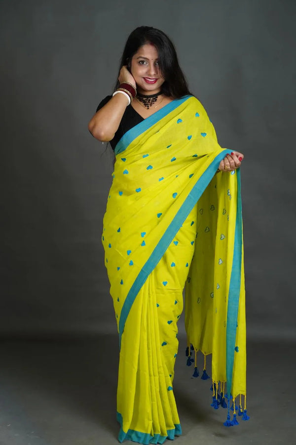 Women's Lime Yellow Khadi Cotton Saree with Blue Border