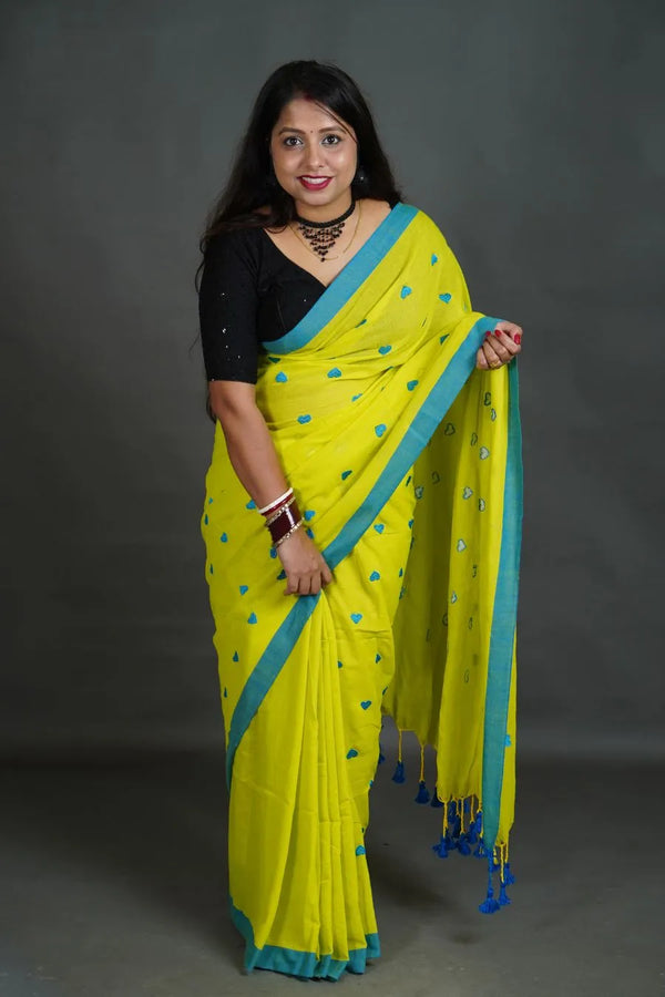 Women's Lime Yellow Khadi Cotton Saree with Blue Border