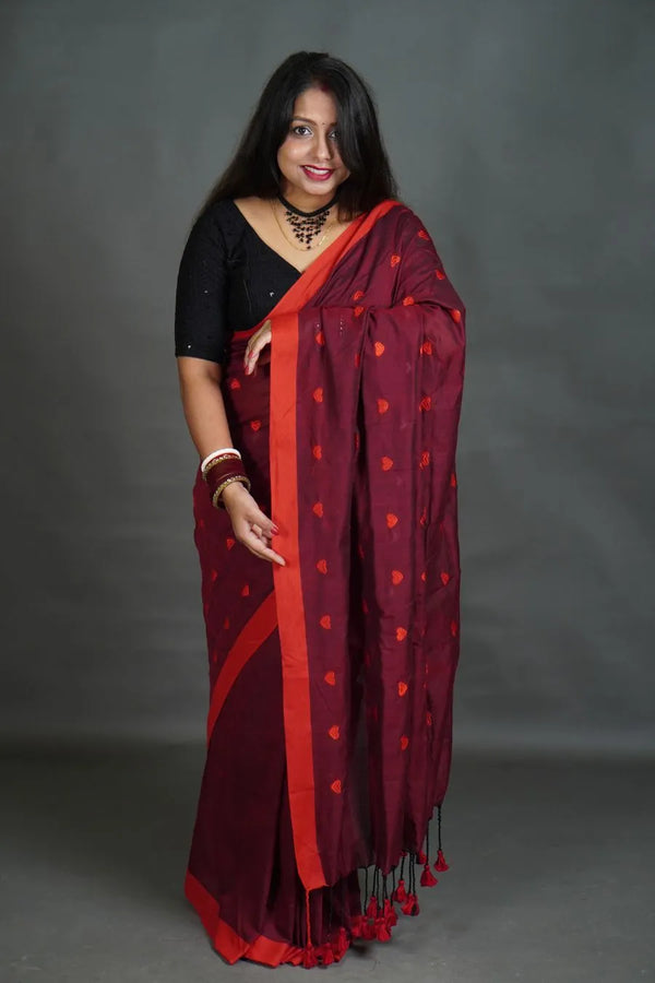 Women's Wine Khadi Cotton Saree with Red Border