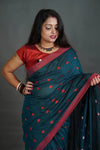 Women's Teal Blue Khadi Cotton Saree with Pink Border