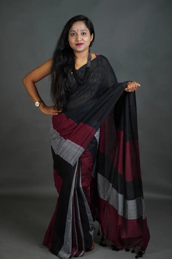 Black Maroon Grey Khadi Cotton Saree with Contrast Colour Blocks
