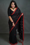 Women's Black Khadi Cotton Saree with Red Heart Motifs