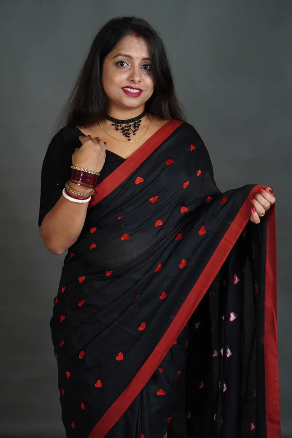 Women's Black Khadi Cotton Saree with Red Heart Motifs
