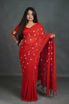 Women's Bright Red Khadi Cotton Saree with White Heart Motifs