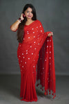 Women's Bright Red Khadi Cotton Saree with White Heart Motifs