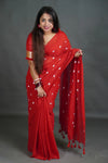 Women's Bright Red Khadi Cotton Saree with White Heart Motifs