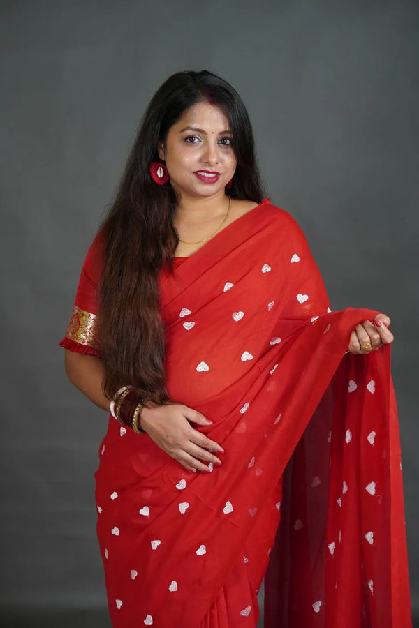 Women's Bright Red Khadi Cotton Saree with White Heart Motifs
