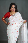 Women's White Khadi Cotton Saree with Red Heart Motifs