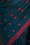 Women's Teal Blue Khadi Cotton Saree with Pink Border