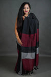 Black Maroon Grey Khadi Cotton Saree with Contrast Colour Blocks