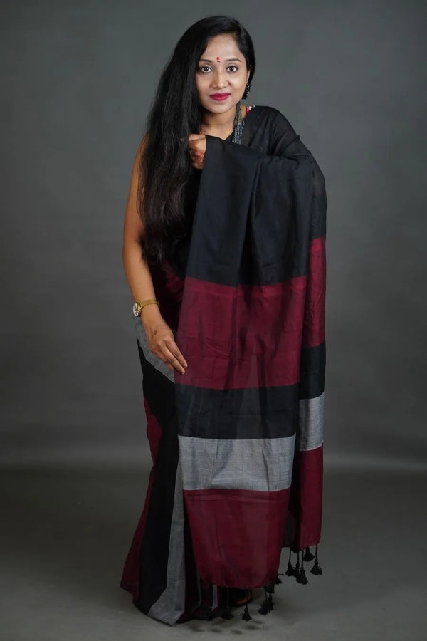 Black Maroon Grey Khadi Cotton Saree with Contrast Colour Blocks