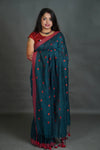 Women's Teal Blue Khadi Cotton Saree with Pink Border