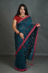 Women's Teal Blue Khadi Cotton Saree with Pink Border