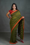 Women's Olive Green Khadi Cotton Saree with Orange Border