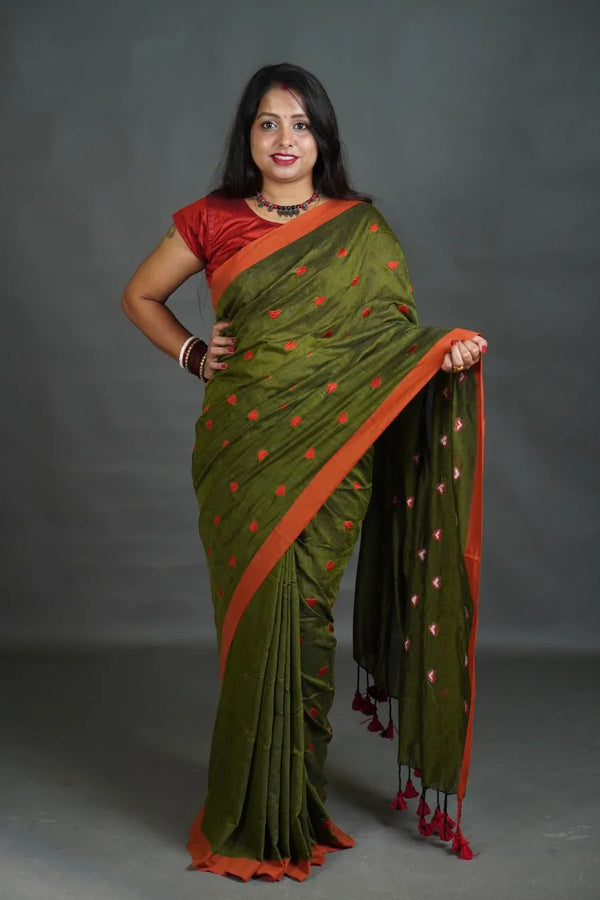 Women's Olive Green Khadi Cotton Saree with Orange Border