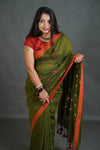 Women's Olive Green Khadi Cotton Saree with Orange Border