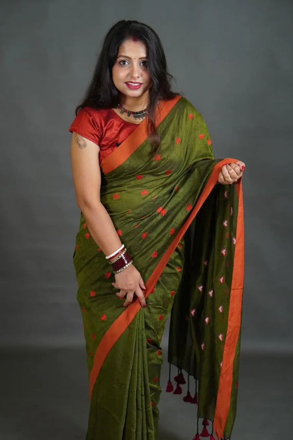 Women's Olive Green Khadi Cotton Saree with Orange Border