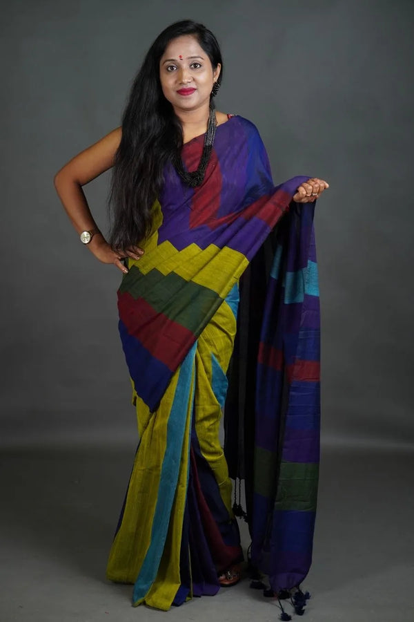 Multicolour Khadi Cotton Saree in Purple Yellow Green