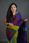 Multicolour Khadi Cotton Saree in Purple Yellow Green