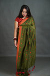 Women's Olive Green Khadi Cotton Saree with Orange Border