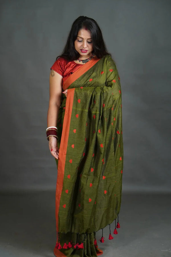 Women's Olive Green Khadi Cotton Saree with Orange Border