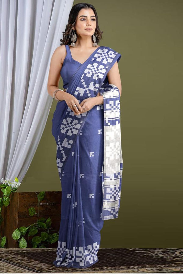 Blue Cotton Printed Saree