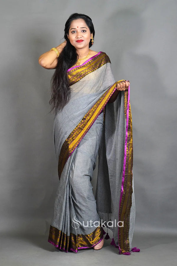 Black Mul Cotton Saree with Golden Border
