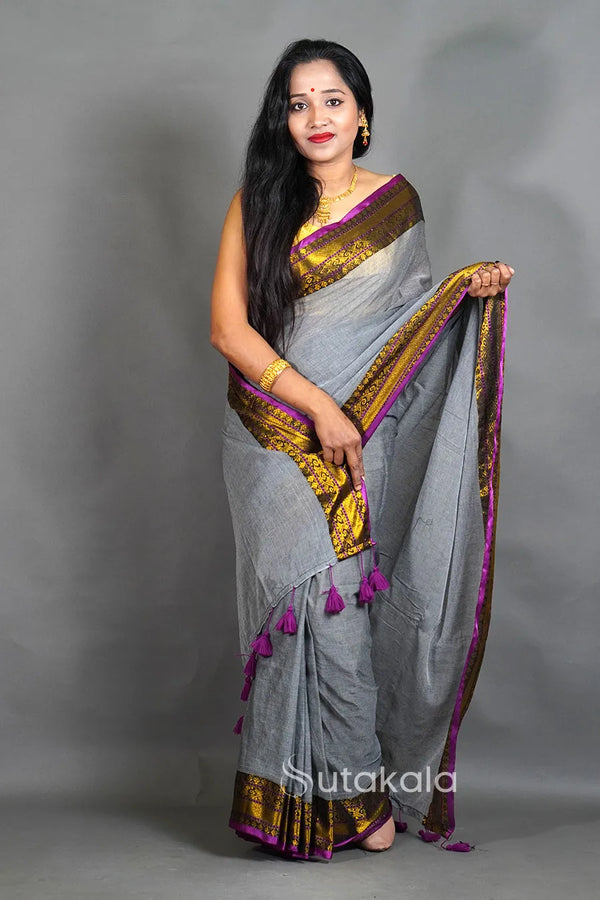 Black Mul Cotton Saree with Golden Border