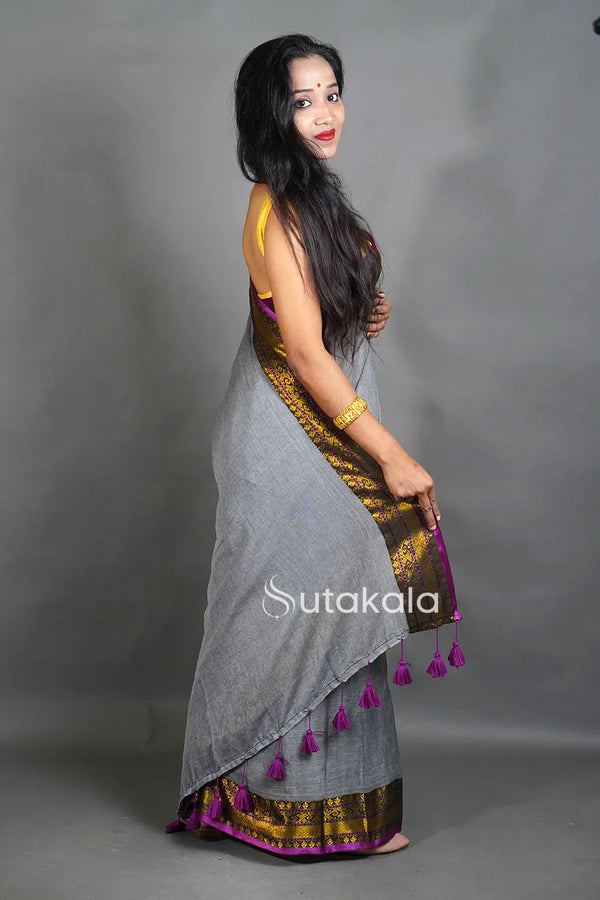 Black Mul Cotton Saree with Golden Border
