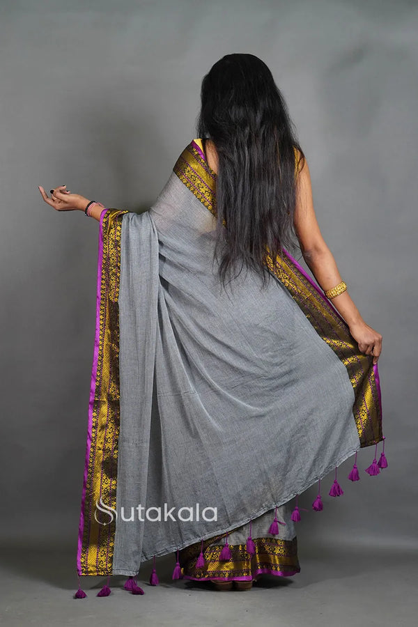 Black Mul Cotton Saree with Golden Border
