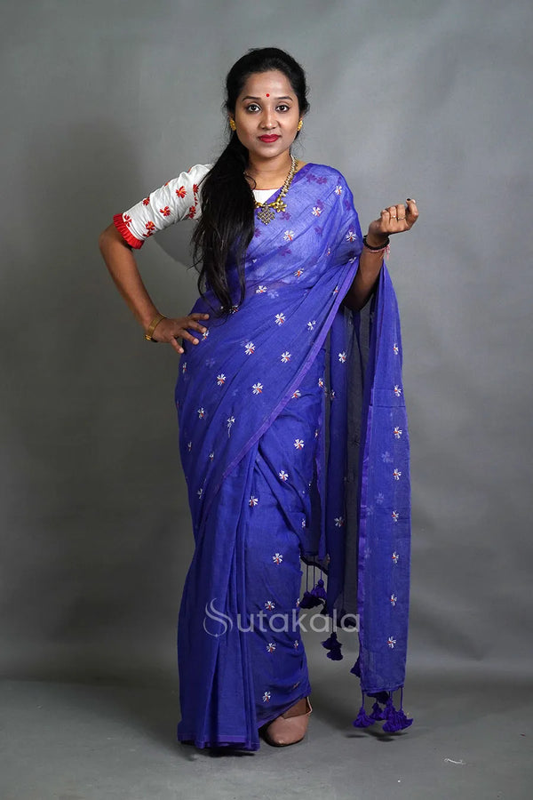 Blue Mul Cotton Saree with All-Over Floral Thread Work