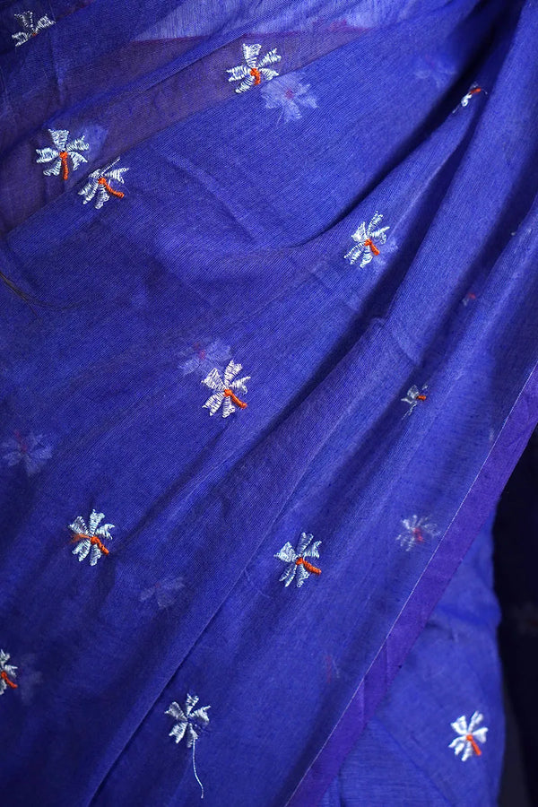 Blue Mul Cotton Saree with All-Over Floral Thread Work