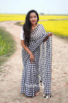 Black & White Checked Cotton Saree with Tassel Pallu