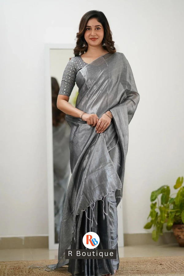 Silver Handloom Tissue Saree