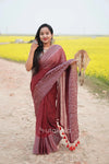 Maroon Malmal Cotton Saree with White Striped Border