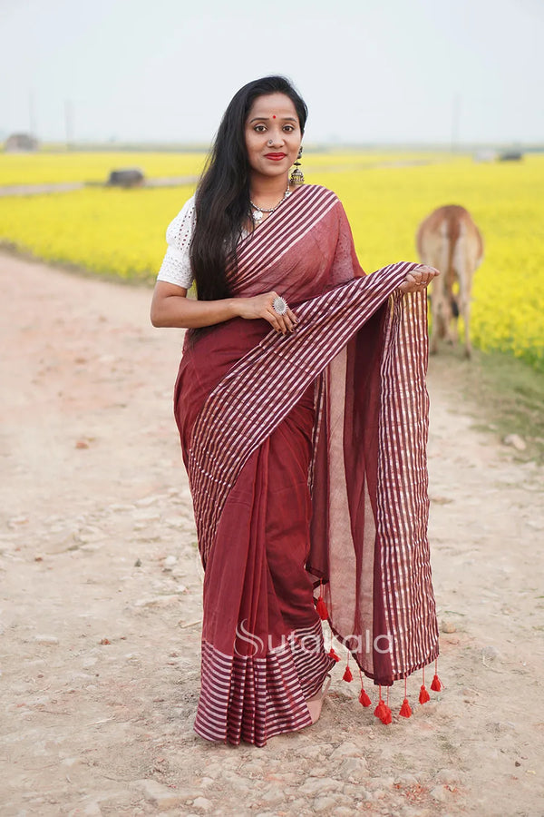 Maroon Malmal Cotton Saree with White Striped Border