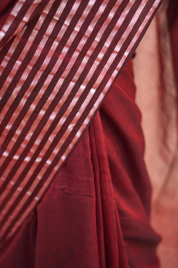 Maroon Malmal Cotton Saree with White Striped Border