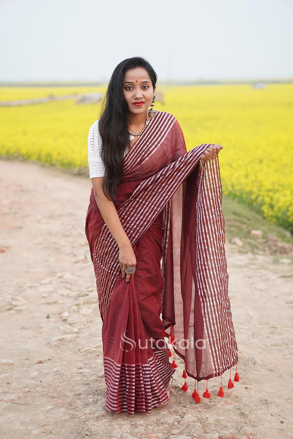 Maroon Malmal Cotton Saree with White Striped Border