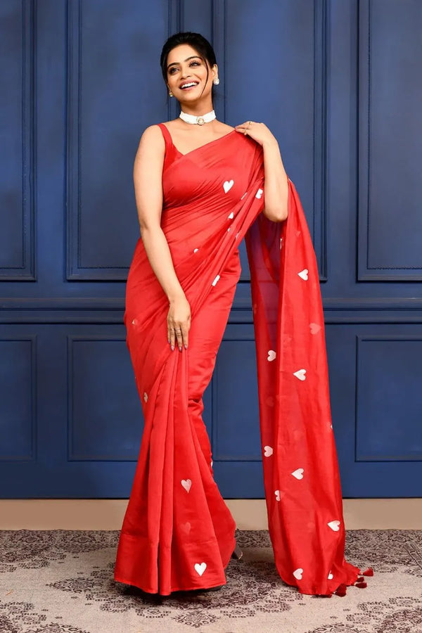 Red Love Embroidery Mul Cotton Saree