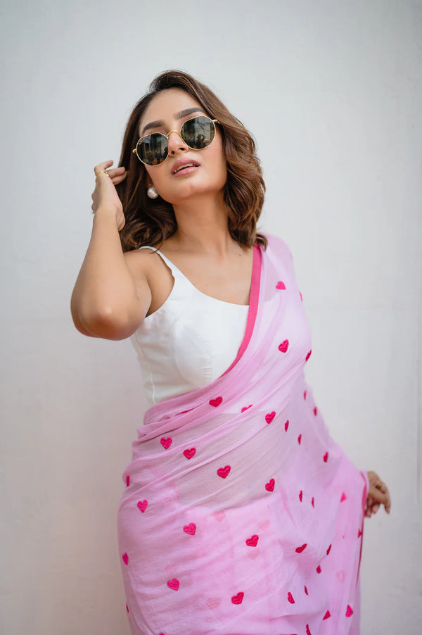 Pink Love Embroidery Mulmul Cotton Saree