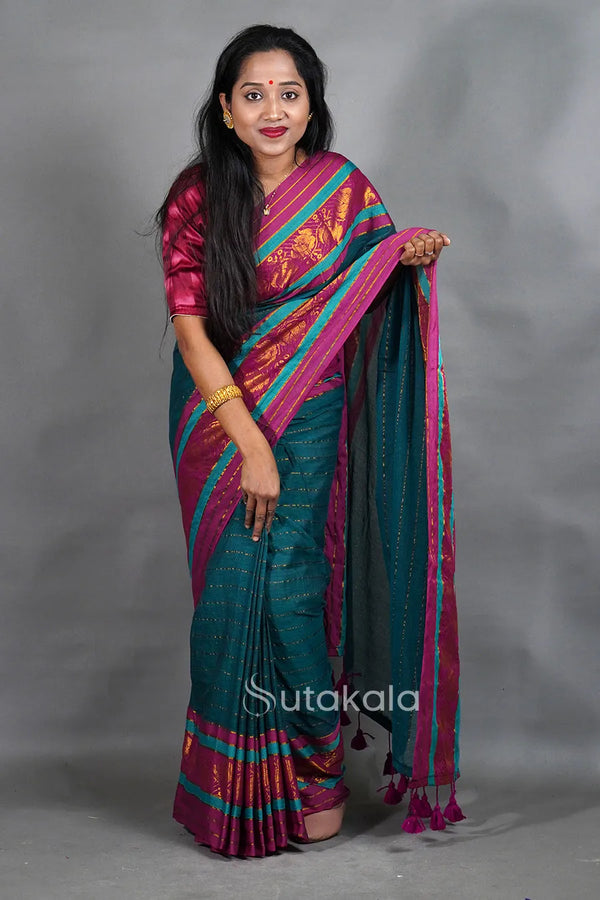 Sea Green Mul Cotton Saree with Fancy Border
