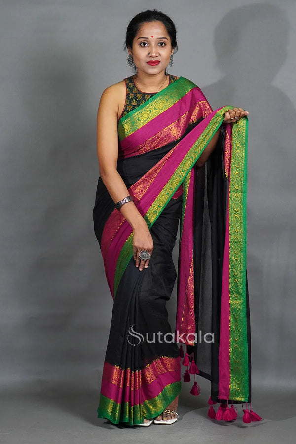 Black Saree with Traditional Jacquard Border & Tassels
