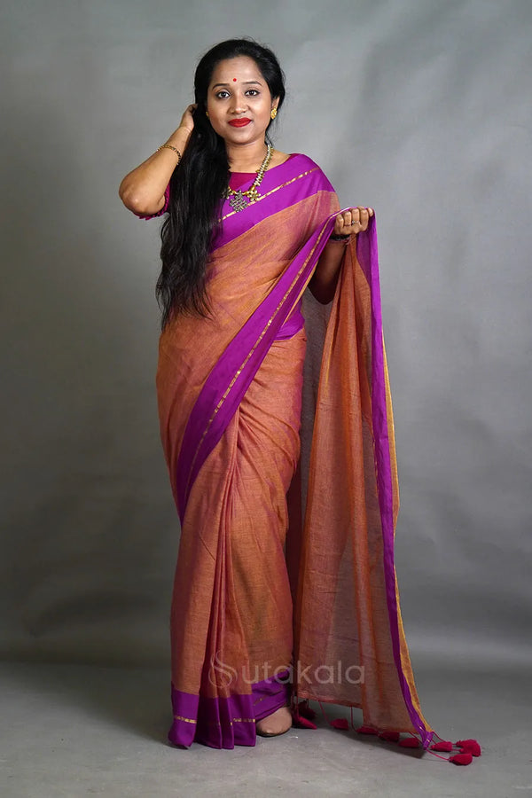 Rust Orange Cotton Saree with Purple Border