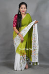 Green Cotton Saree with White Floral Thread Work