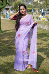 Lavender Cotton Saree with Floral Thread Work Embroidery